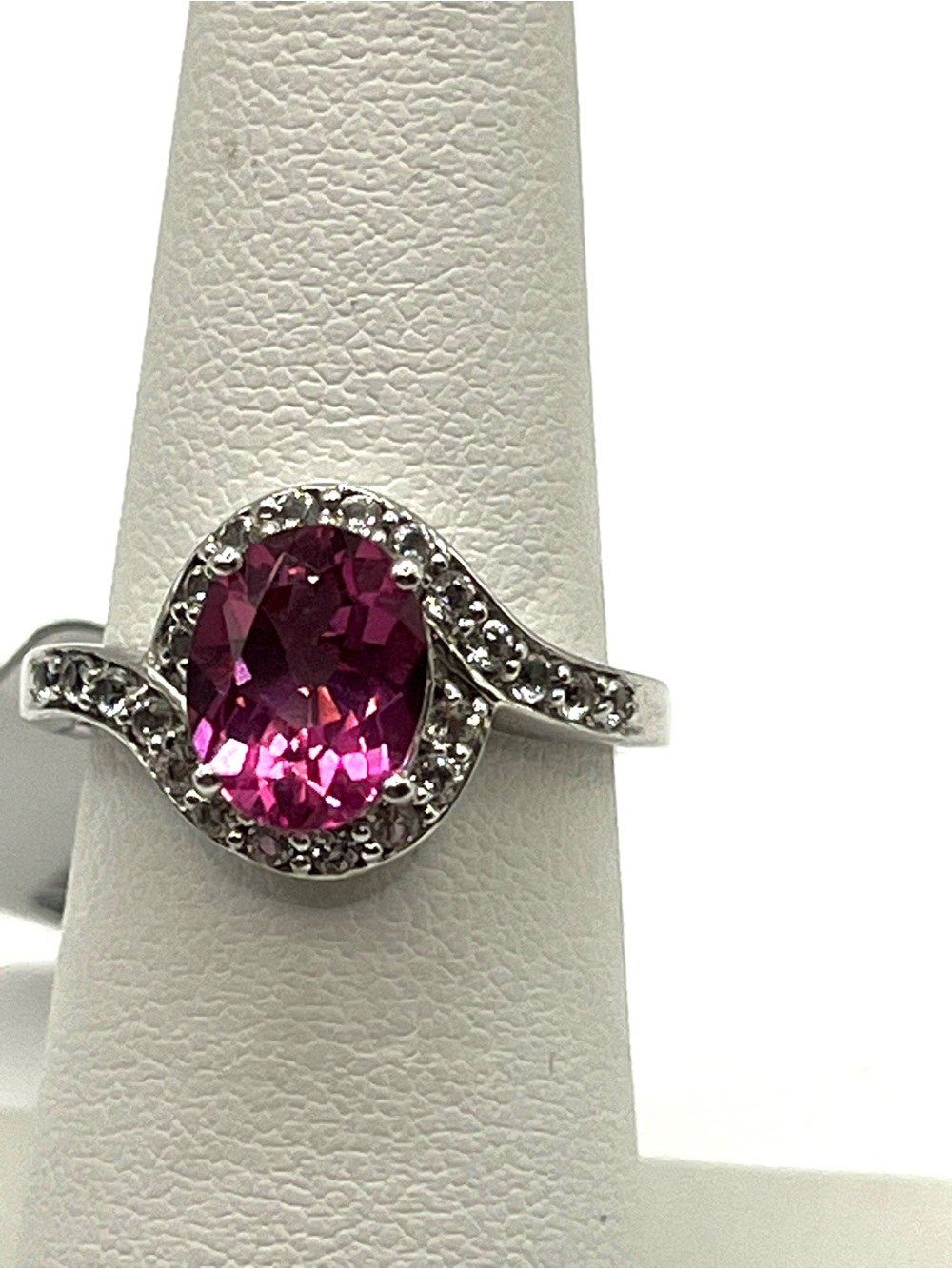 Hot Pink Topaz Gemstone Oval Halo Ring Sterling Silver 925